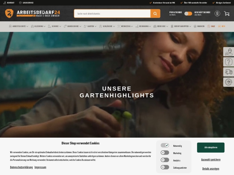 Arbeitsbedarf, Arbeitskleidung, Gartenzubehör und Werkzeug